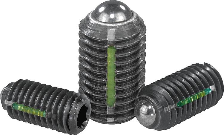 Spring plungers with internal hexagon and ball, steel, LONG-LOK lock
